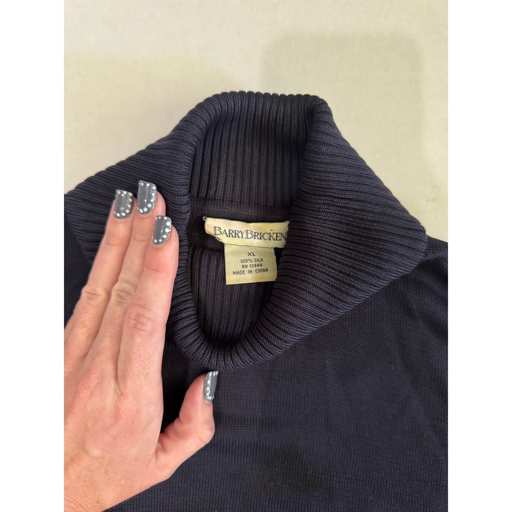 90s Style Barry Bricken Navy Blue 100% Silk Turtleneck Sweater Ribbed Cuffs